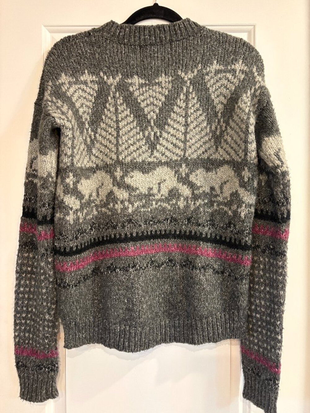 Roots x LINE Knitwear Fair Isle Nordic Sweater Gray Pink Size M - Picture 4 of 10